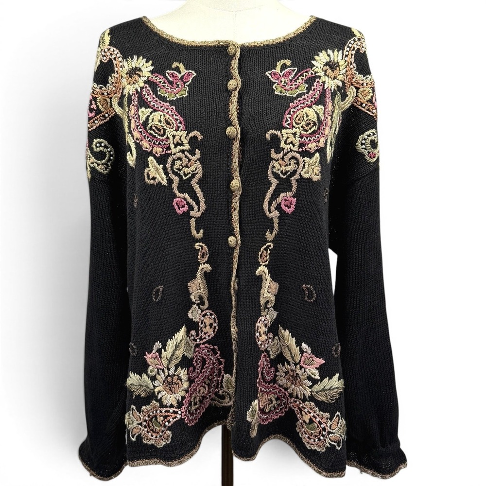 Vintage 1998 Heirloom Collectibles Embroidered Floral Cardigan L Whimsigoth Art